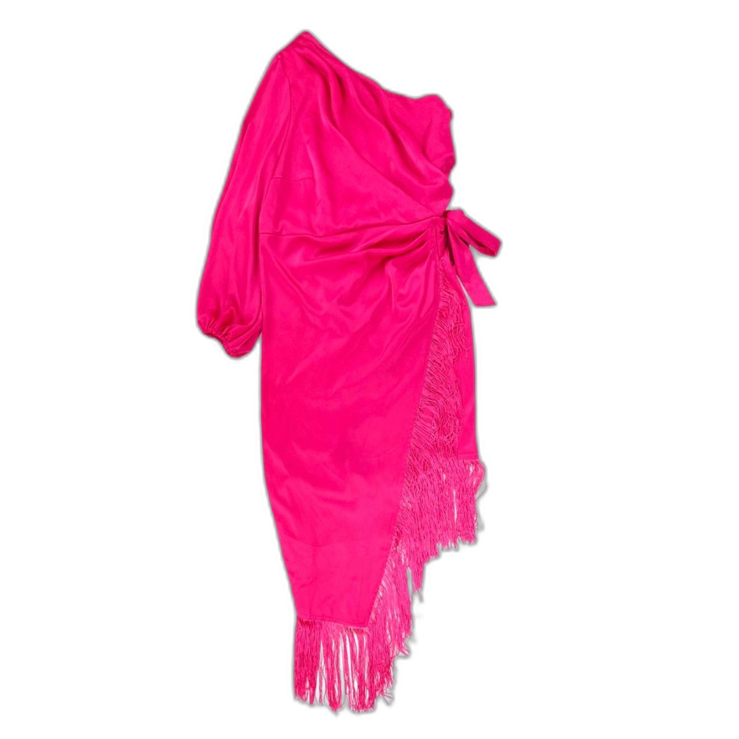 New Eloquii One Shoulder Fringe Dress Pink Peacock Satin Romantic Feminine Glam